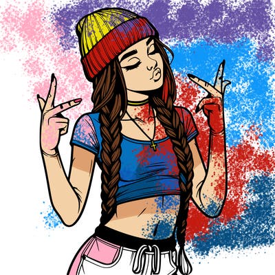 realistic teenage girl with braids and a beanie and crop top doing 🫶🏼