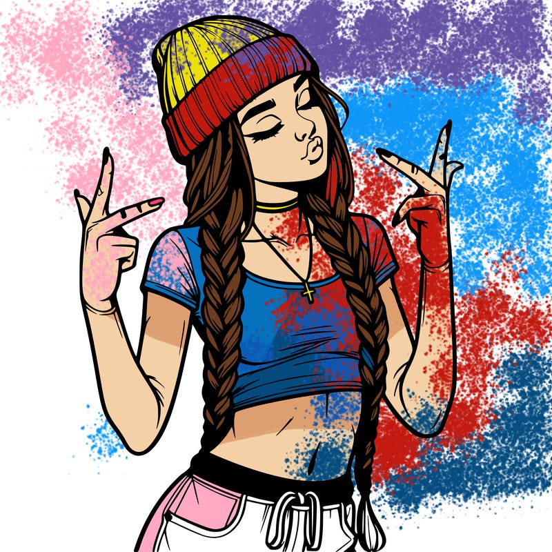 realistic teenage girl with braids and a beanie and crop top doing 🫶🏼