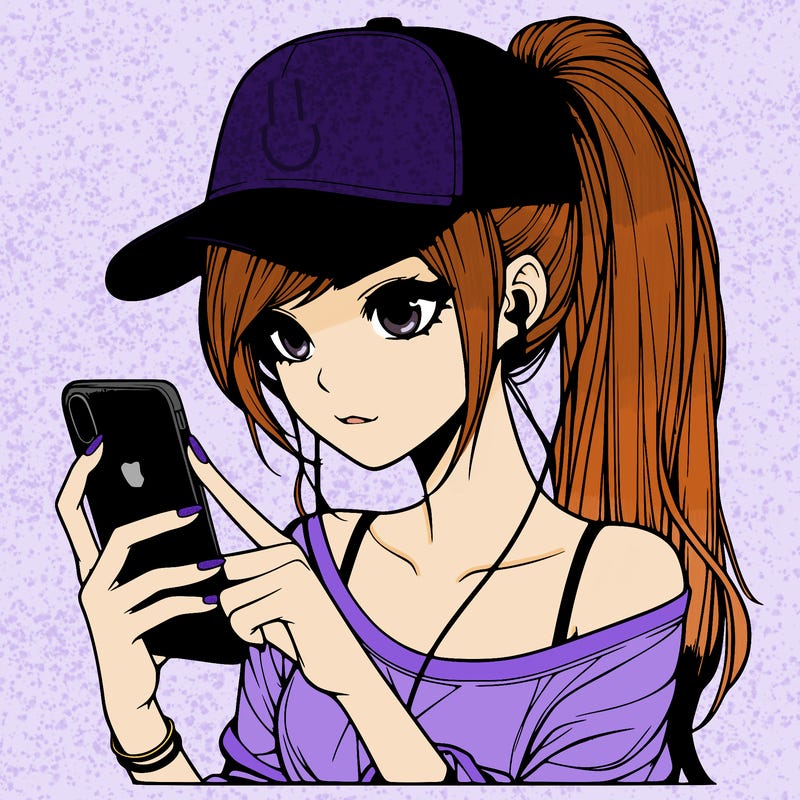 realistic girl with a long ponytail and trucker hat holding an iphone
