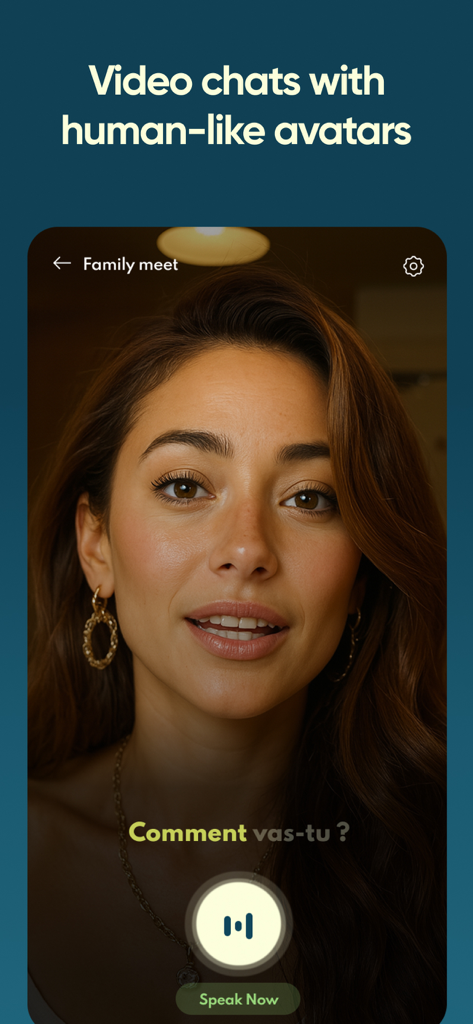 Jumpspeak | Language Learning - Jumpspeak-App-Videochat-Oberfläche mit einem realistischen KI-Avatar für das Üben der französischen Sprache.