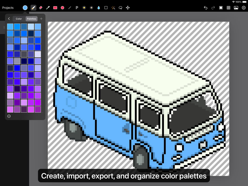 An isometric pixel art drawing of a blue and white van on an iPad with the Pixen color palette panel open.