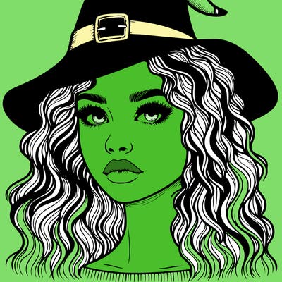 realistic girl with wavy hair a witch hat and a nose and lips and eyes