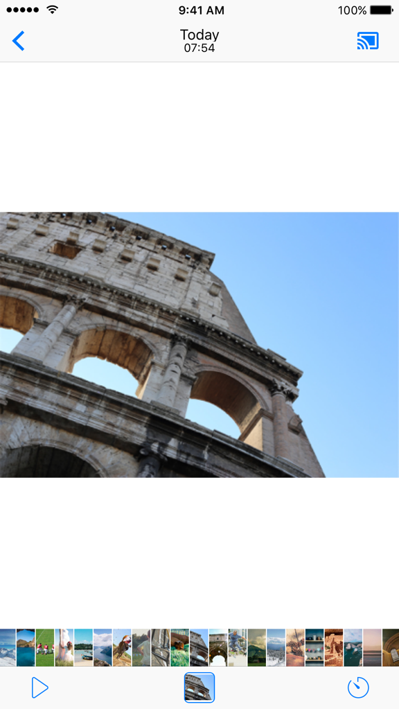 Photo viewer interface in Cast Player app showing the Colosseum and a cast icon