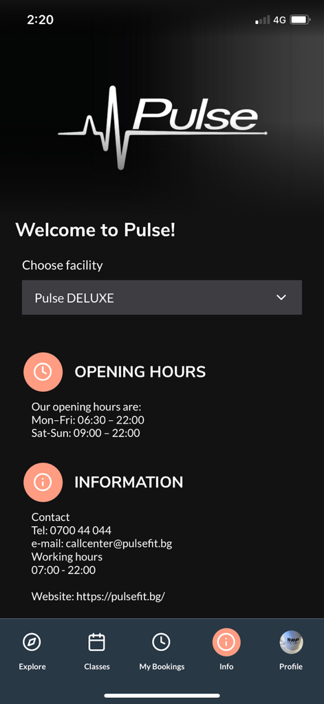 Pulse Club - Pulse Club app interface displaying facility opening hours and contact information