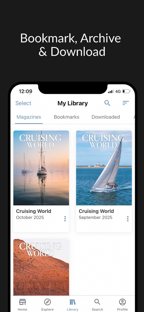 Cruising World Magazine - Digital library in the Cruising World Magazine app showing various issues for download and offline reading