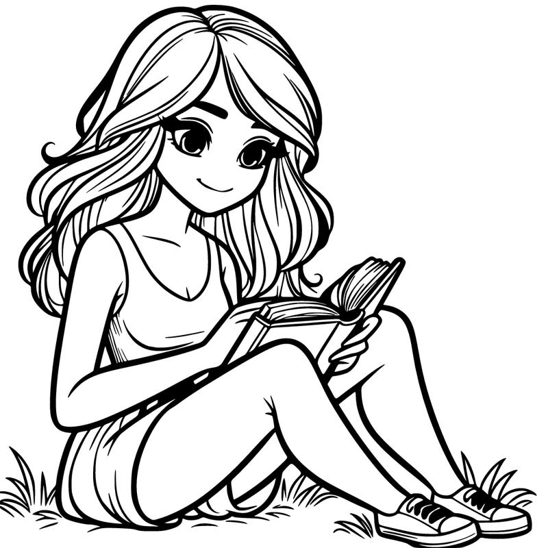 a realistic pretty girl sitting on the grass reading a book