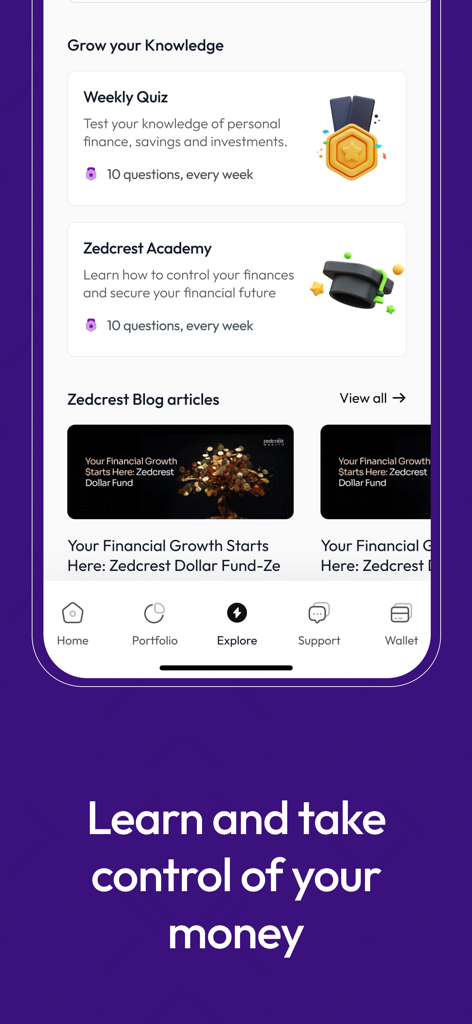 Zedcrest Wealth - Zedcrest Wealth app screen showing financial literacy tools including a weekly quiz and academy articles
