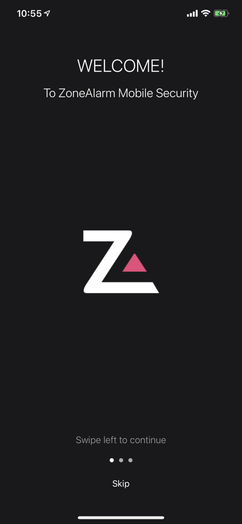 ロゴ付きのZoneAlarm Mobile Securityアプリのウェルカム画面