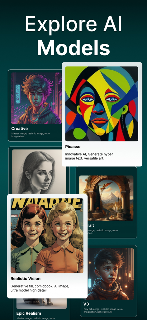 Imagine - AI Art Generator - Explore different AI art models in the Imagine app featuring Picasso and Realistic Vision styles