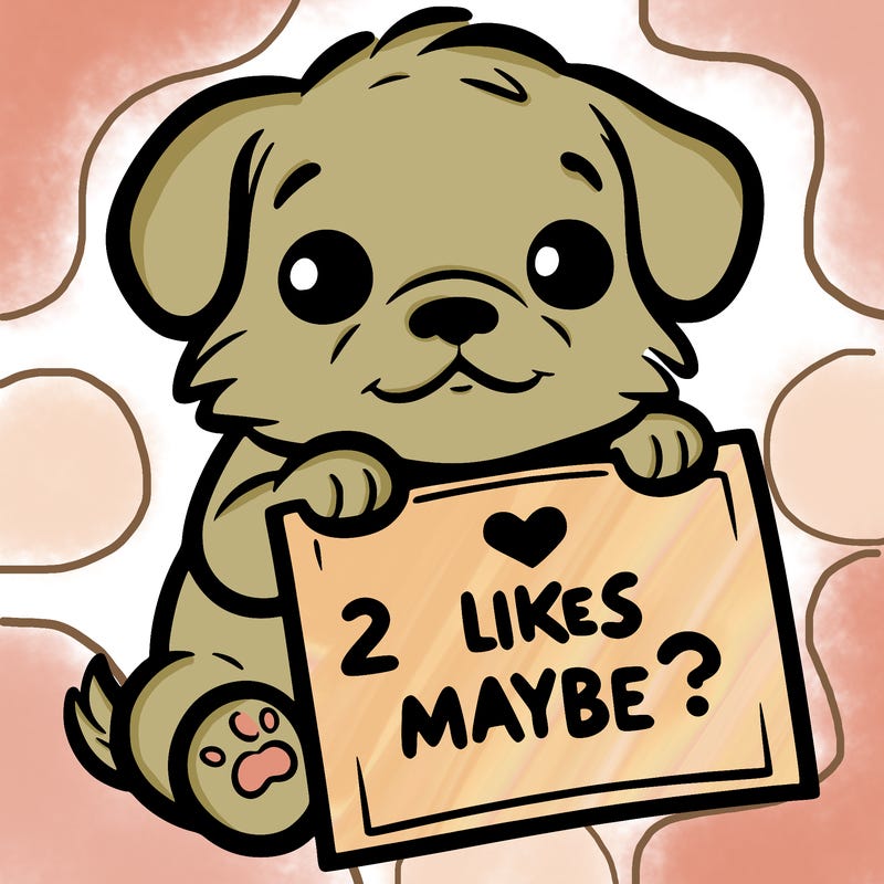 a puppy holding a sign that says 2 likes maybe?