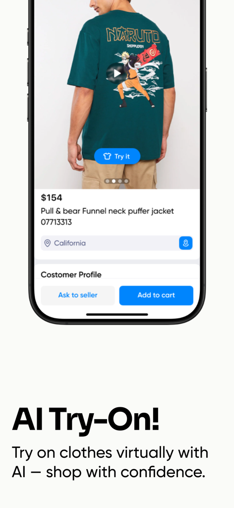 Flipgoo의 모바일 앱 인터페이스로, 의류 쇼핑을 위한 AI 가상 착용 기능 표시