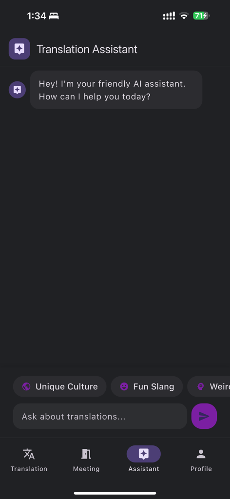 SiTranslate - SiTranslate AI assistant interface featuring a chat screen with options for culture and slang tips.