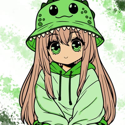 girl with anime shaped eyes with a dinosaur bucket hat oversized sweatshirt long straight hair
