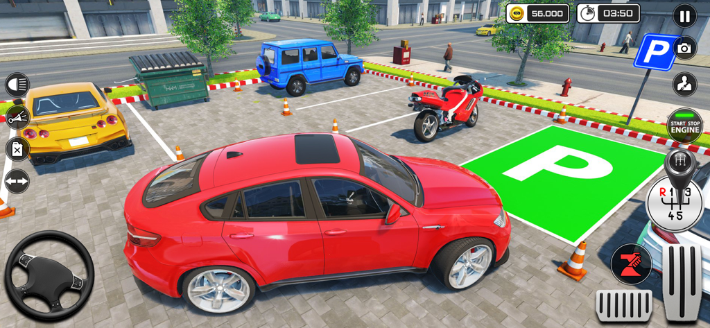 City Car Parking- Car Games - Un coche rojo maniobrando para entrar en un espacio de aparcamiento verde designado en un juego realista de simulación de aparcamiento urbano