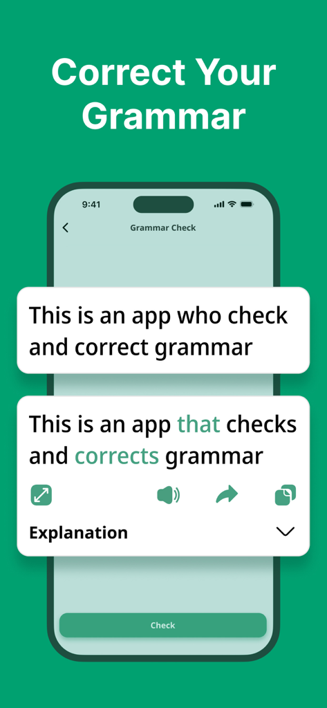 Smartphone screen displaying the AI Grammar Check and Corrector app correcting a sentence