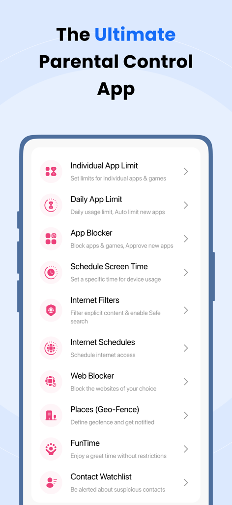 A mobile interface showing features of the FamilyTime parental control app including app limits and internet filters