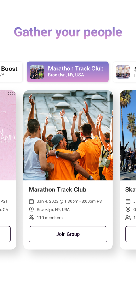 Heylo | Build community groups - Écran de l'application Heylo montrant un événement de groupe communautaire pour Marathon Track Club avec un bouton Rejoindre le groupe