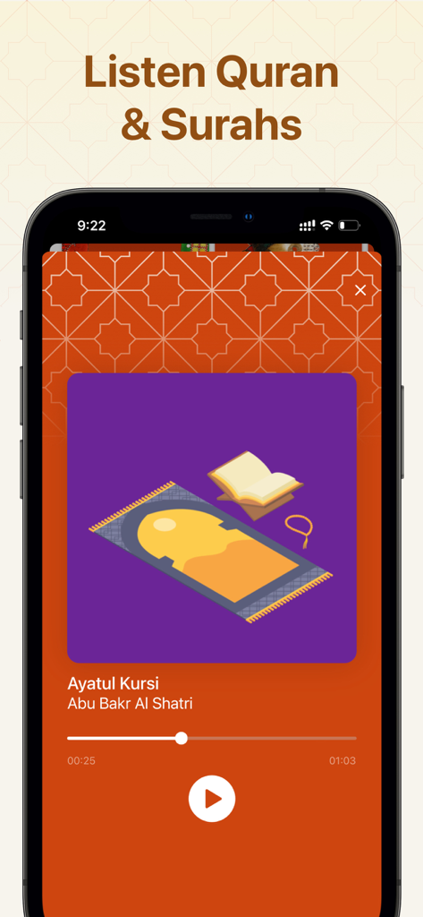 Iftar: Countdown Ramadan Table - A mobile app interface for listening to Quran and Surahs with an audio player showing Ayatul Kursi.