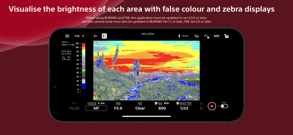 Interfaccia dell'app Sony Monitor and Control che visualizza il colore falso per il monitoraggio dell'esposizione