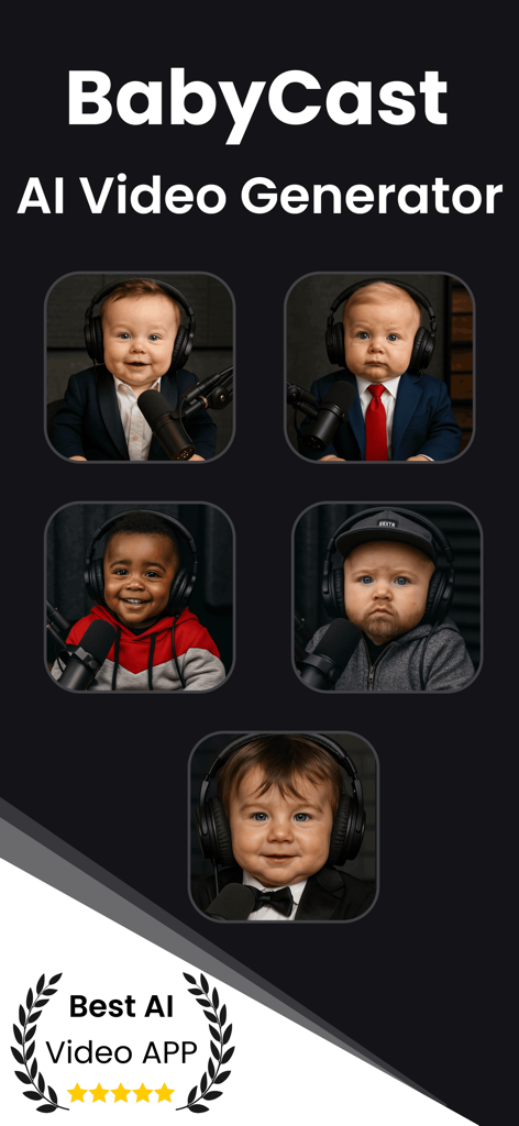 BabyCast AI - Video Generator - Interfaz de la aplicación BabyCast AI Video Generator mostrando una colección de avatares realistas de bebés con estilo de presentadores de podcast con auriculares y micrófonos.