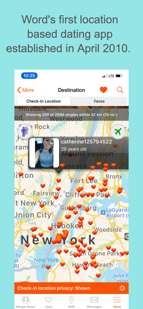 SinglesAroundMe Local dating - Aplicación SinglesAroundMe mostrando pines de corazón en un mapa de Nueva York para citas basadas en la ubicación