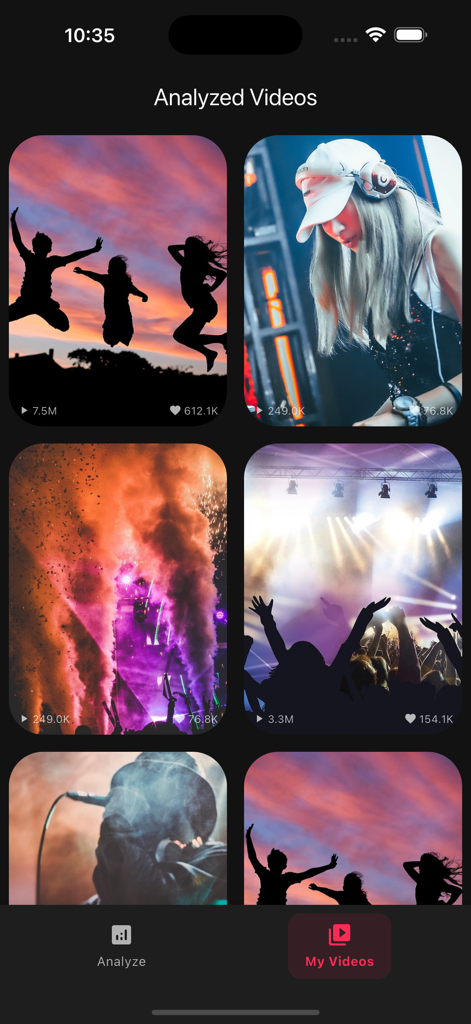 SaveTok - Tik Tock Video Saver - Vista de cuadrícula de videos analizados en la aplicación SaveTok que muestra recuentos de reproducciones y me gusta en varias miniaturas