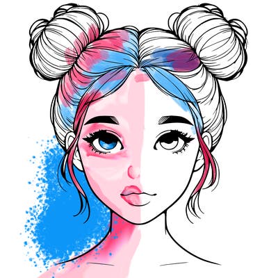 realistic girl with two buns on top of her head