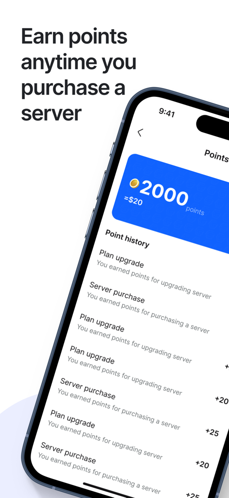 Interfaz de la aplicación GoldenRDP mostrando los puntos ganados por compras de servidores y actualizaciones de planes.