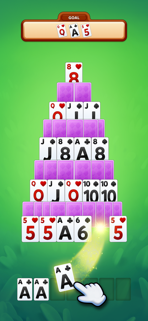 Card Match Solitaire - Card Match Solitaire Gameplay-Bildschirm, der ein Pyramiden-Kartenlayout und Matching-Mechaniken zeigt.