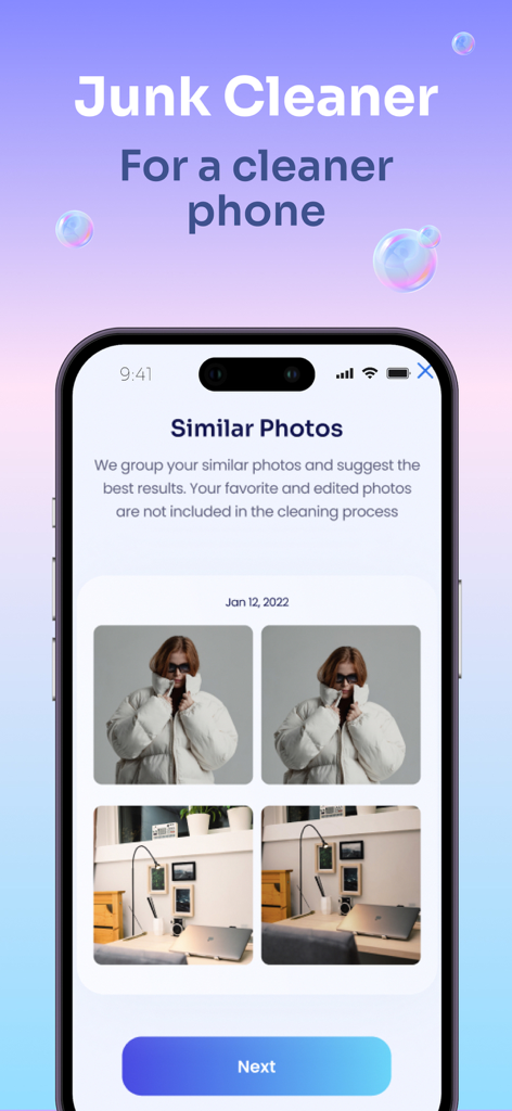 CleanApp Pro: Storage Cleaner - Pantalla de la aplicación móvil CleanApp Pro mostrando grupos de fotos similares para limpiar y ahorrar espacio de almacenamiento.