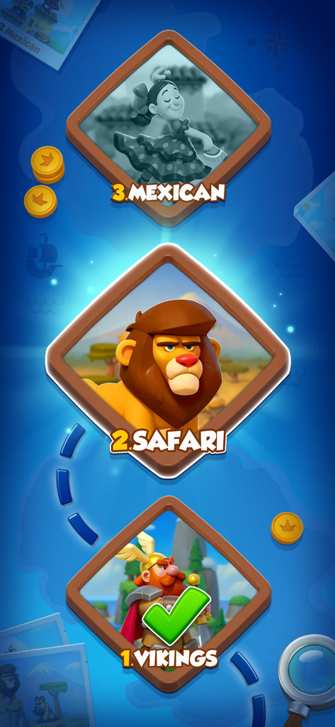 A vertical progression map in Coin Master Board Adventure showing Viking and Safari themed levels.