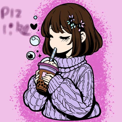 manga girl drinking boba in cozy sweater