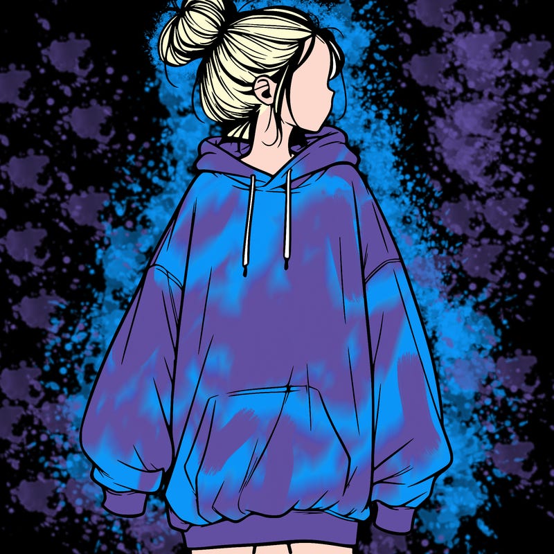 realistic girl with a oversized sweatshirt on and a bun