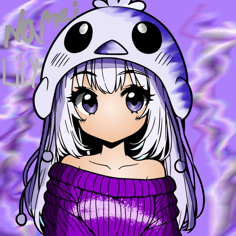 anime girl with chick shaped hat with sweater with bare shoulders with bangs covering them one eye with low tail