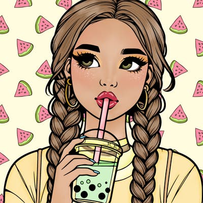 realistic girl with braided hair drinking boba