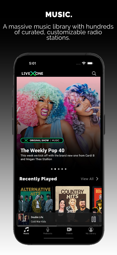 LiveOne Music - LiveOne Music app interface showing curated radio stations and the Weekly Pop 40 show.