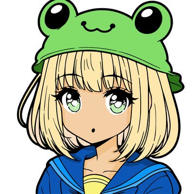 anime girl with bangs wearing a cute frog hat