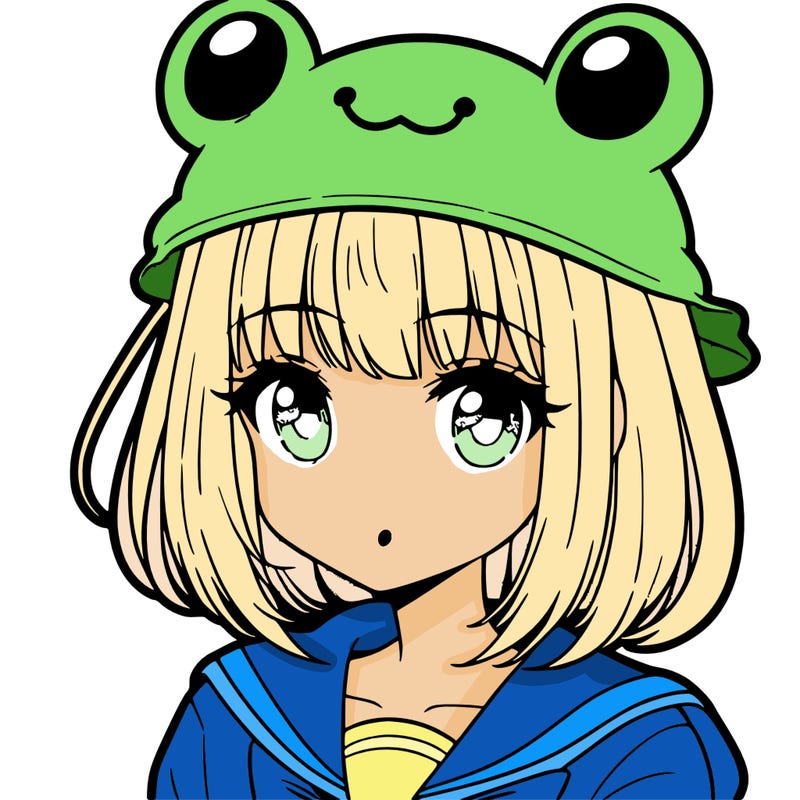 anime girl with bangs wearing a cute frog hat