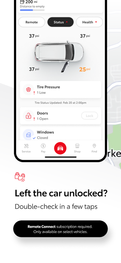 Toyota app displaying real-time vehicle status including tire pressure and door lock alerts.