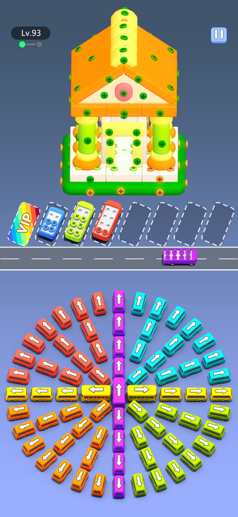 Screw Parking - Escape games - A level in Screw Parking showing a building with colored screws and a complex circular car jam puzzle below.