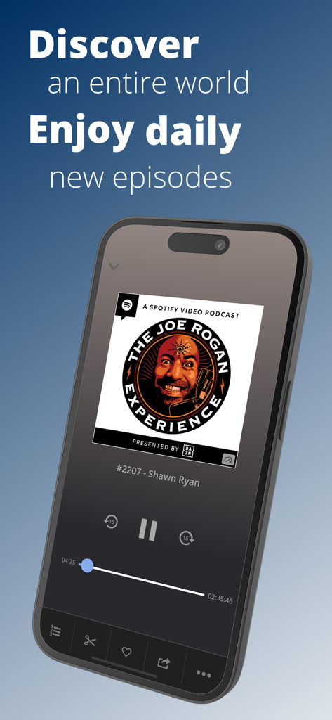 Pantalla del reproductor de la app de podcasts Procast con un podcast popular y texto de descubrimiento