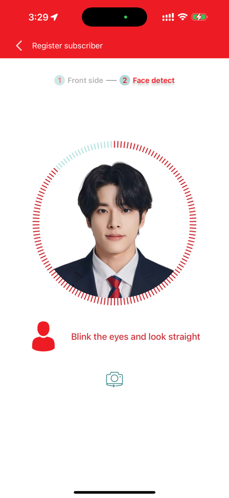 mDealer app interface for subscriber registration showing the face detection step with instructions