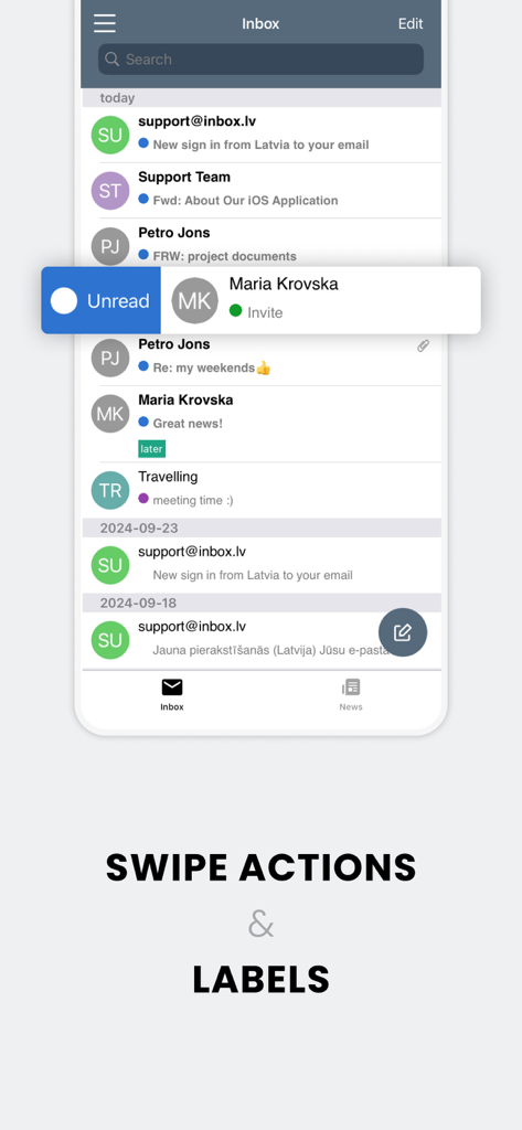 Inbox.lv mobile app interface showing email list with swipe actions and labels