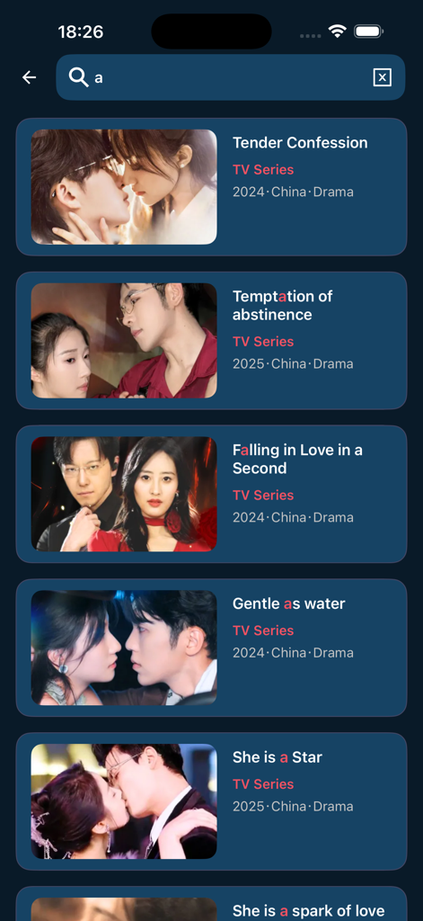 Search results page for Chinese short drama TV series in the MovieBox HD mobile app