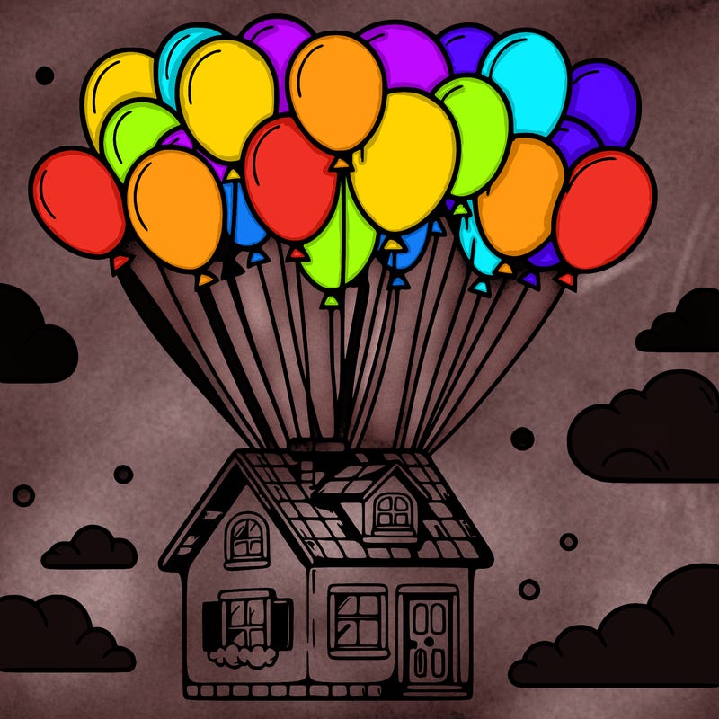 house floating from lots of balloons