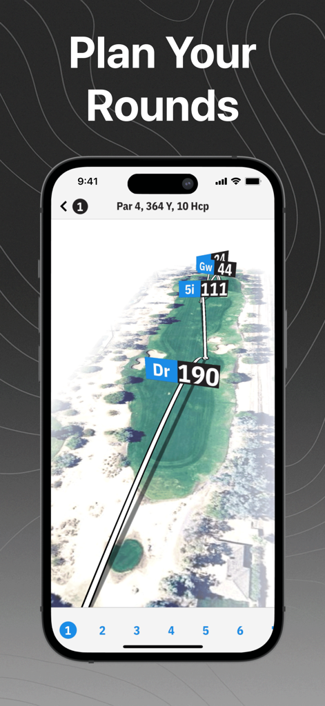An iPhone screen showing the Golfshot app with a 3D aerial course view for round planning and distance markers