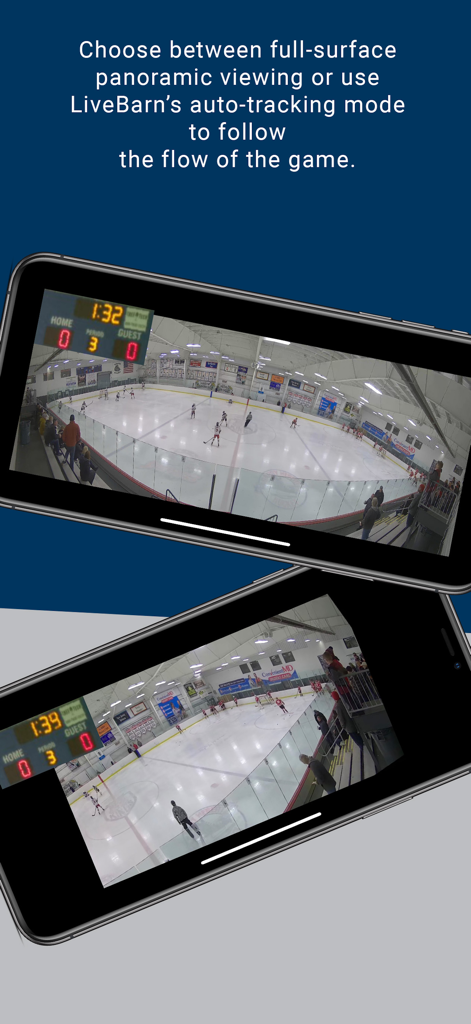 Smartphone screens displaying LiveBarn panoramic and auto-tracking modes for a youth hockey game