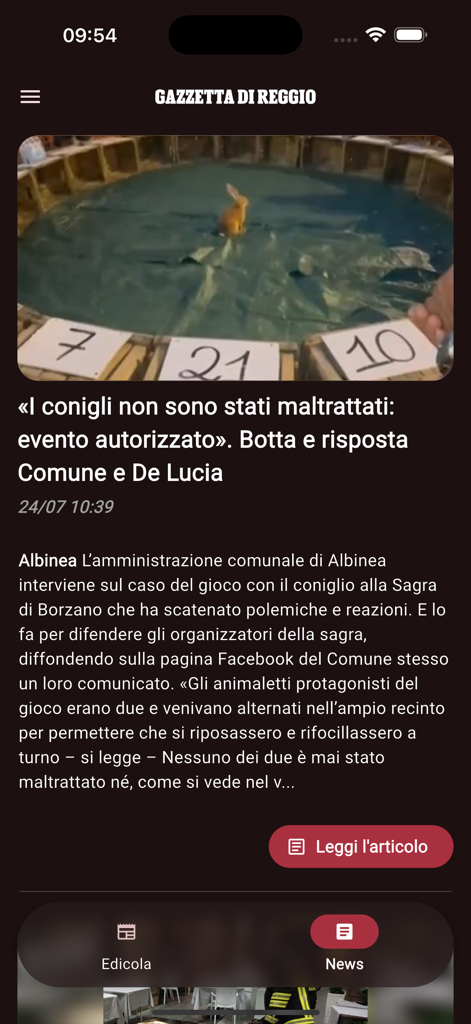 La Gazzetta di Reggio - Interfaz de artículo de noticias locales en la aplicación del periódico La Gazzetta di Reggio.