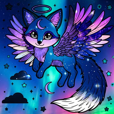 a realistic fox with moons on its wings halo ears and tail and is hovering in the sky and their are stars in it’s eyes