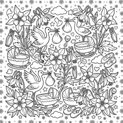 Delight in the anticipation of new arrivals with this enchanting coloring page, blending the delicate beauty of columbine wildflowers with heartwarming baby shower motifs. Discover storks delivering bundles of joy, cozy cradles, and playful nursery items, all waiting for your creative touch.